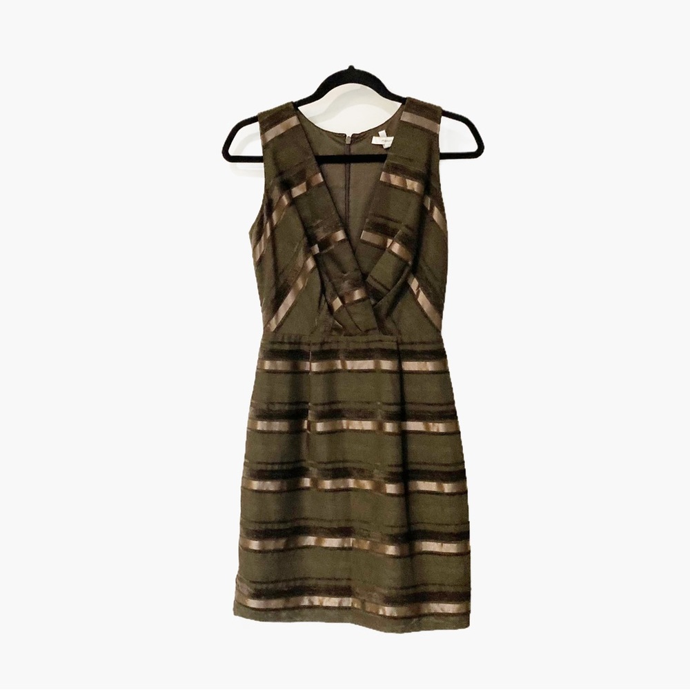 Crossover front dress, rich brown colour with brown on brown stripes